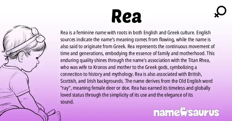 Infographic about Rea name meaning, Rea is a name from English, Greek origin(s).