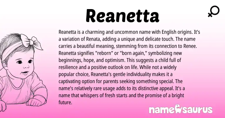 Infographic about Reanetta name meaning, Reanetta is a name from English origin(s).
