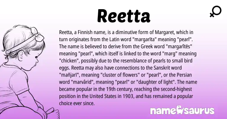 Infographic about Reetta name meaning, Reetta is a name from Finnish, United States, Persian, Latin, Greek, Sanskrit origin(s).