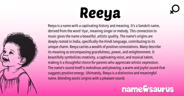 Infographic about Reeya name meaning, Reeya is a name from Indian, Sanskrit origin(s).