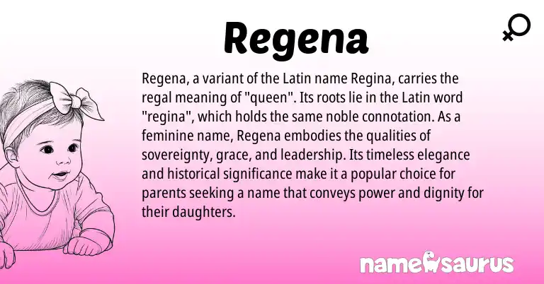 Infographic about Regena name meaning, Regena is a name from Latin origin(s).