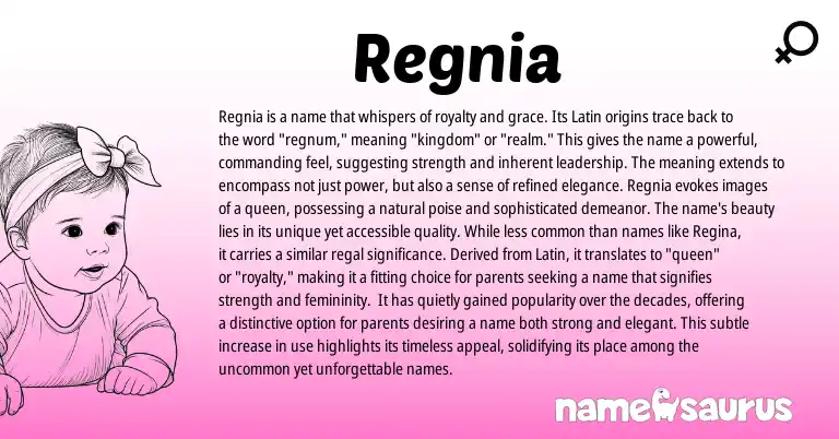 Infographic about Regnia name meaning, Regnia is a name from Latin origin(s).
