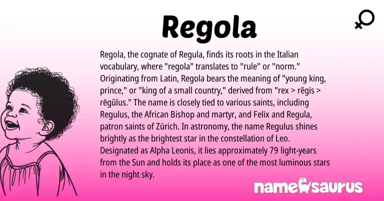Infographic about Regola name meaning, Regola is a name from Latin, African, Italian origin(s).