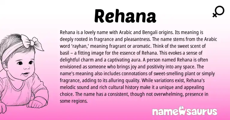 Infographic about Rehana name meaning, Rehana is a name from Arabic origin(s).