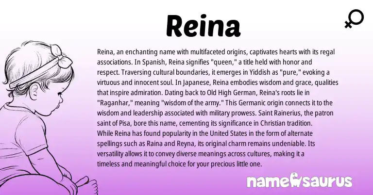 Infographic about Reina name meaning, Reina is a name from United States, Old High German, Spanish, Japanese, Germanic, Yiddish origin(s).