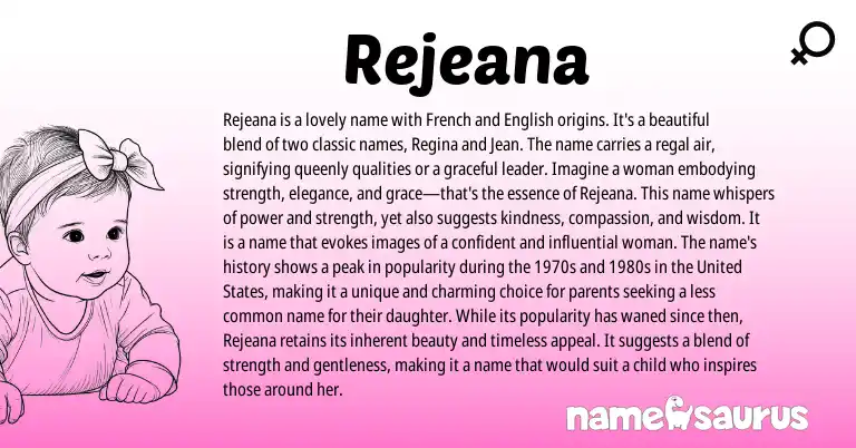 Infographic about Rejeana name meaning, Rejeana is a name from French, English origin(s).