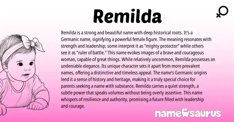 Infographic about Remilda name meaning, Remilda is a name from Germanic origin(s).