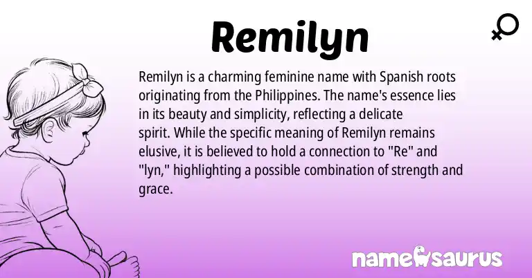 Infographic about Remilyn name meaning, Remilyn is a name from Spanish (Philippines) origin(s).