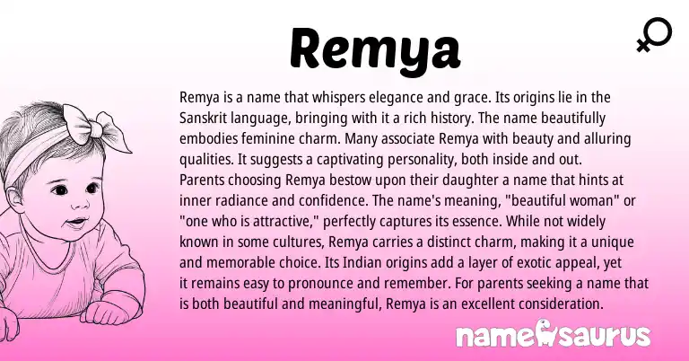 Infographic about Remya name meaning, Remya is a name from Indian, Sanskrit origin(s).
