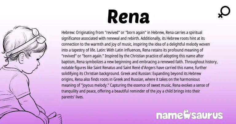 Infographic about Rena name meaning, Rena is a name from Russian, Latin, Hebrew, Greek origin(s).