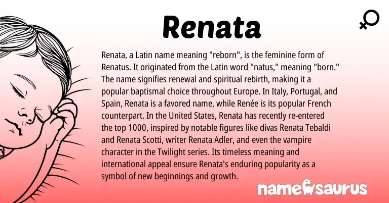 Infographic about Renata name meaning, Renata is a name from Portugal, United States, Spain, French, Latin origin(s).