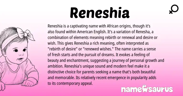 Infographic about Reneshia name meaning, Reneshia is a name from African, American origin(s).