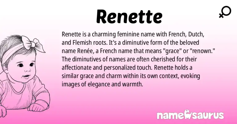 Infographic about Renette name meaning, Renette is a name from French, Dutch (Surinamese), Flemish origin(s).