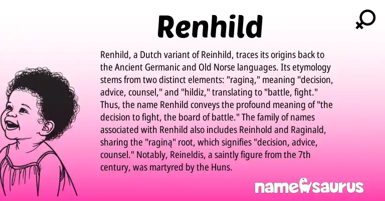 Infographic about Renhild name meaning, Renhild is a name from Old Norse, Dutch, Ancient Germanic origin(s).