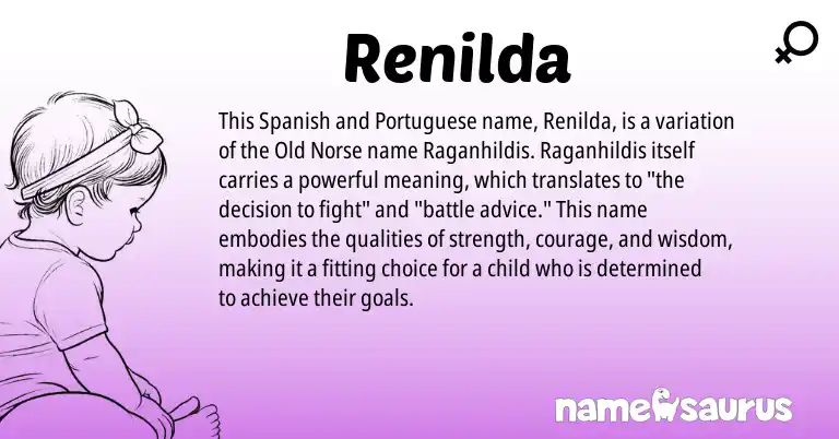Infographic about Renilda name meaning, Renilda is a name from Spanish, Old Norse, Portuguese origin(s).