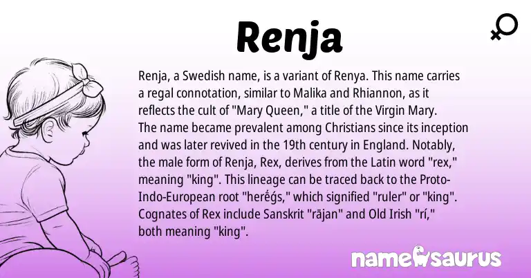 Infographic about Renja name meaning, Renja is a name from European, England, Swedish, Latin, Sanskrit, Old Irish origin(s).