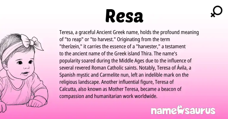 Infographic about Resa name meaning, Resa is a name from Spanish, Ancient Greek, Roman, Greek origin(s).