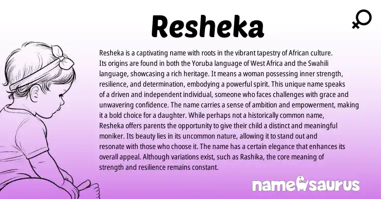 Infographic about Resheka name meaning, Resheka is a name from Yoruba, African, Western, American origin(s).