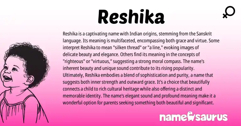 Infographic about Reshika name meaning, Reshika is a name from Marathi, Indian, Sanskrit origin(s).