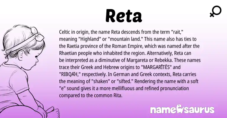 Infographic about Reta name meaning, Reta is a name from Roman, Celtic, Greek, German, Hebrew origin(s).