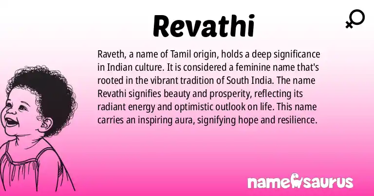 Infographic about Revathi name meaning, Revathi is a name from Tamil, Indian origin(s).