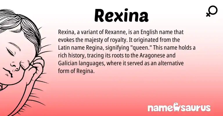 Infographic about Rexina name meaning, Rexina is a name from Galician, English, Latin, Aragonese origin(s).