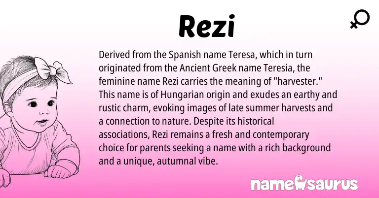 Infographic about Rezi name meaning, Rezi is a name from Spanish, Ancient Greek, Hungarian origin(s).