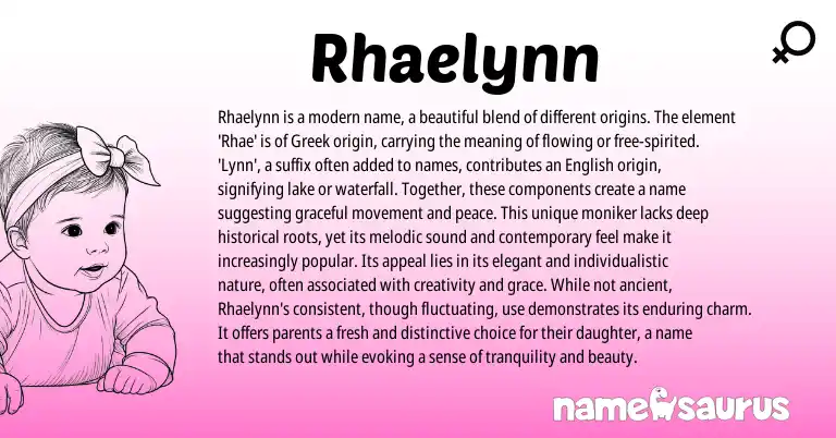 Infographic about Rhaelynn name meaning, Rhaelynn is a name from Greek, English origin(s).