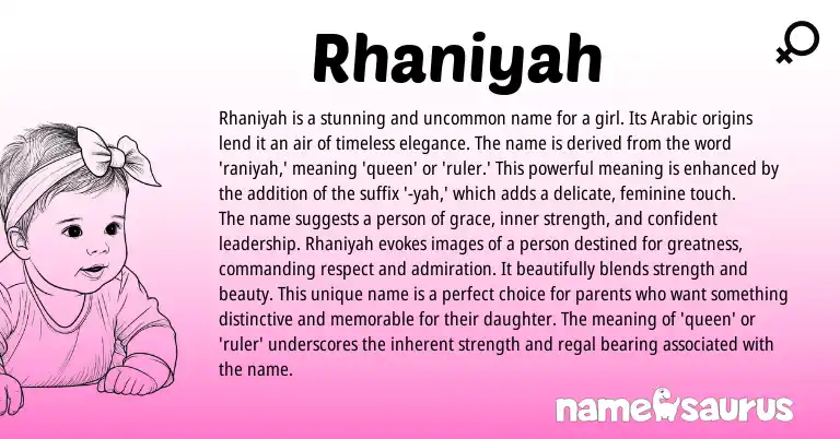 Infographic about Rhaniyah name meaning, Rhaniyah is a name from Arabic origin(s).