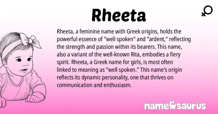 Infographic about Rheeta name meaning, Rheeta is a name from Greek origin(s).