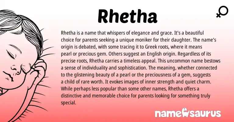 Infographic about Rhetha name meaning, Rhetha is a name from English, Greek origin(s).