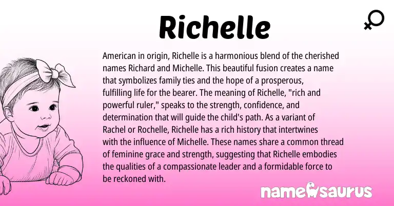 Infographic about Richelle name meaning, Richelle is a name from American origin(s).