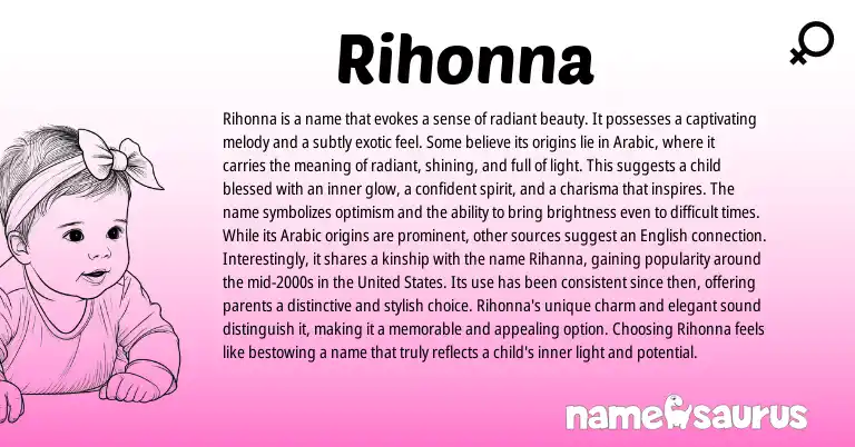 Infographic about Rihonna name meaning, Rihonna is a name from Arabic origin(s).