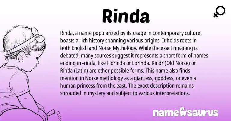 Infographic about Rinda name meaning, Rinda is a name from Popular Culture, English, Norse Mythology origin(s).