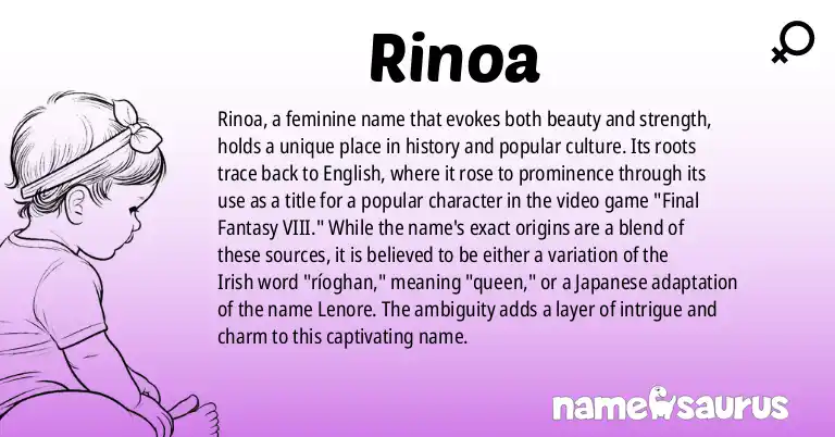 Infographic about Rinoa name meaning, Rinoa is a name from English, Popular Culture, Japanese origin(s).
