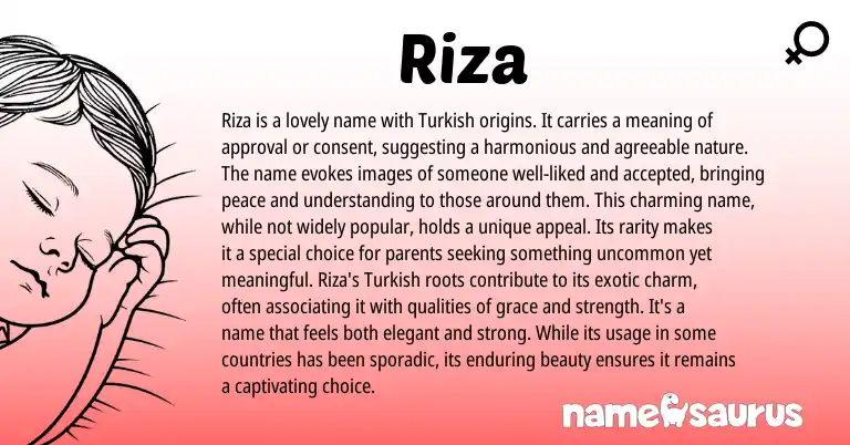 Infographic about Riza name meaning, Riza is a name from Turkish, Arabic origin(s).
