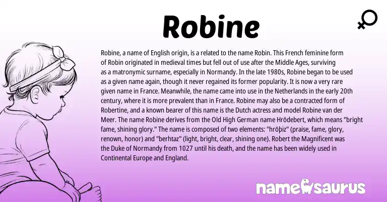 Infographic about Robine name meaning, Robine is a name from Old High German, English, England, Netherlands, French, Dutch origin(s).