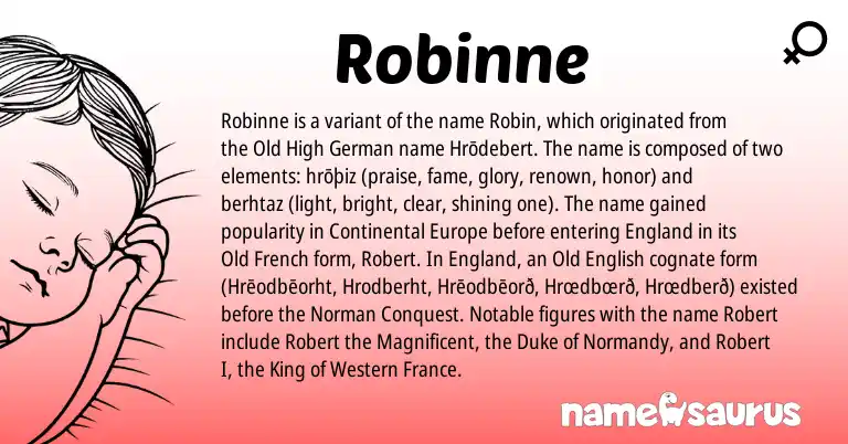 Infographic about Robinne name meaning, Robinne is a name from Old High German, Old French, England, Old English, Norman origin(s).