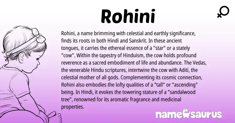Infographic about Rohini name meaning, Rohini is a name from Hinduism, Sanskrit, Hindi, Hindu origin(s).