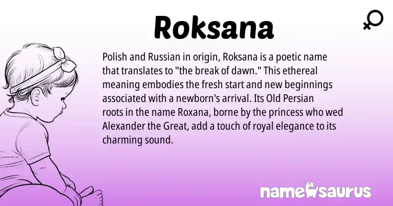 Infographic about Roksana name meaning, Roksana is a name from Russian, Polish, Old Persian origin(s).