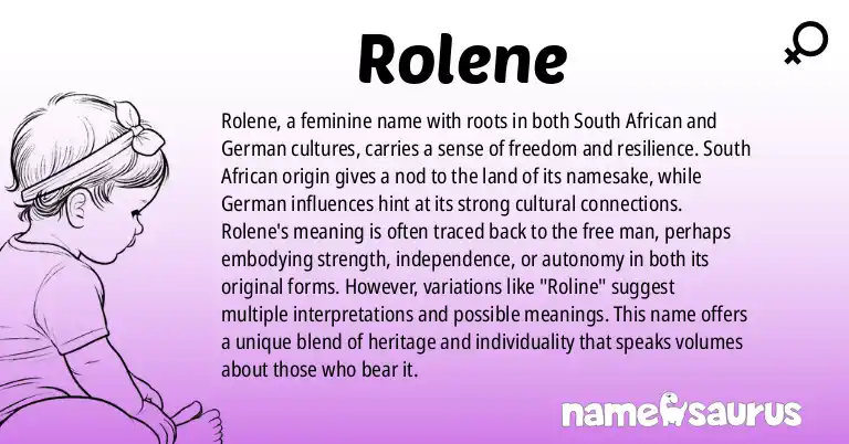 Infographic about Rolene name meaning, Rolene is a name from South African, German origin(s).