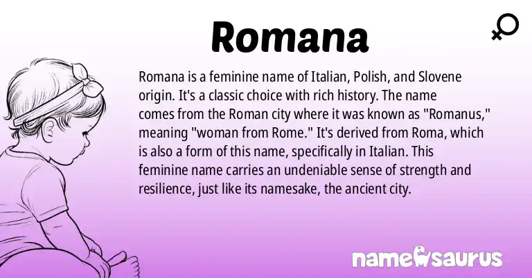 Infographic about Romana name meaning, Romana is a name from Italian, Polish, Slovene, Croatian origin(s).