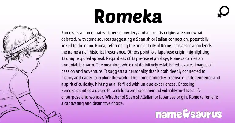 Infographic about Romeka name meaning, Romeka is a name from Italian, Spanish origin(s).