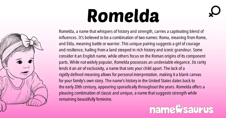 Infographic about Romelda name meaning, Romelda is a name from Germanic origin(s).