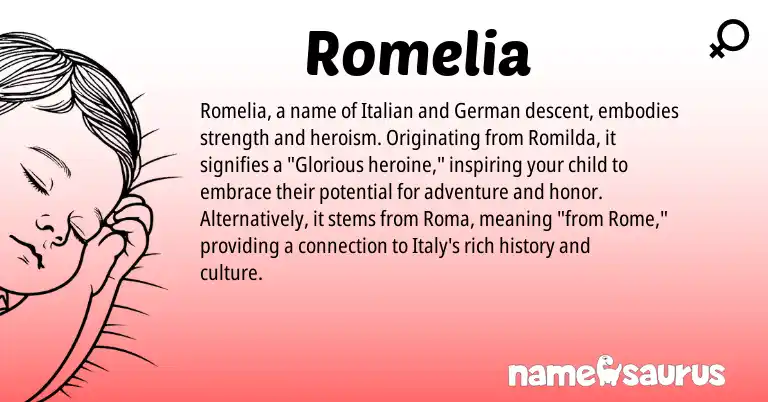 Infographic about Romelia name meaning, Romelia is a name from German, Italian origin(s).