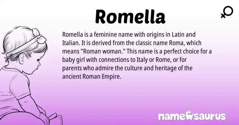 Infographic about Romella name meaning, Romella is a name from Roman, Latin, Italian origin(s).