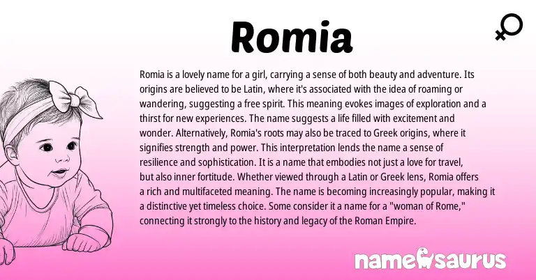 Infographic about Romia name meaning, Romia is a name from Latin origin(s).