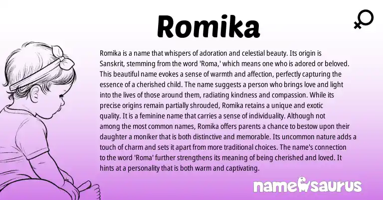 Infographic about Romika name meaning, Romika is a name from Indian, Sanskrit origin(s).