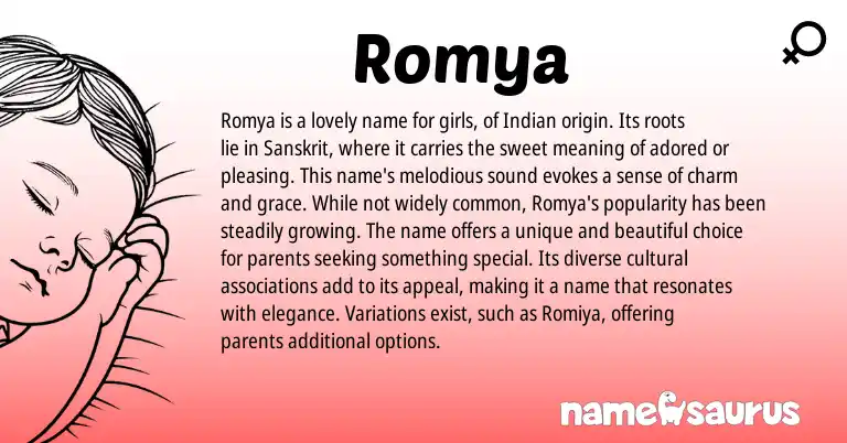 Infographic about Romya name meaning, Romya is a name from Indian, Sanskrit origin(s).
