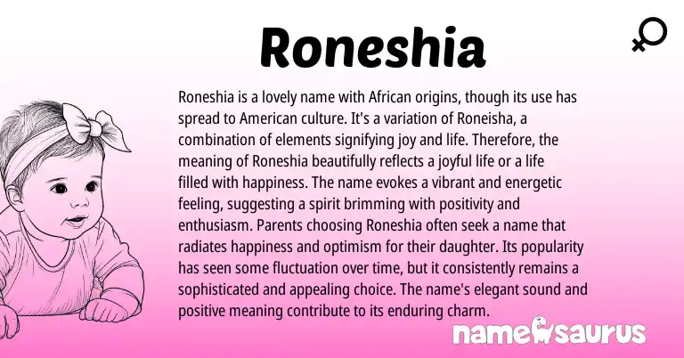 Infographic about Roneshia name meaning, Roneshia is a name from African, American origin(s).